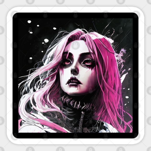 The Art of Minimalism: Exploring Black and White Anime Girl Masterpieces Gothic Goth Fashion Dark Pink Hair Sticker by ShyPixels Arts